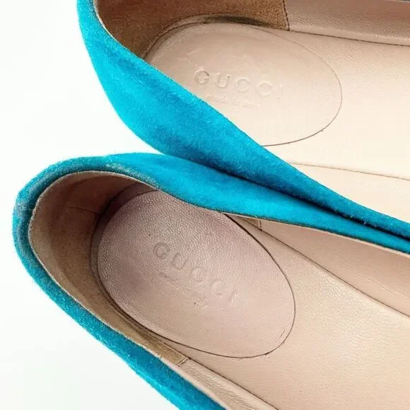 GUCCI Interlocking Crystal GG Ballet Flat Size 37 US 7 Teal Blue Suede - Picture 10 of 13